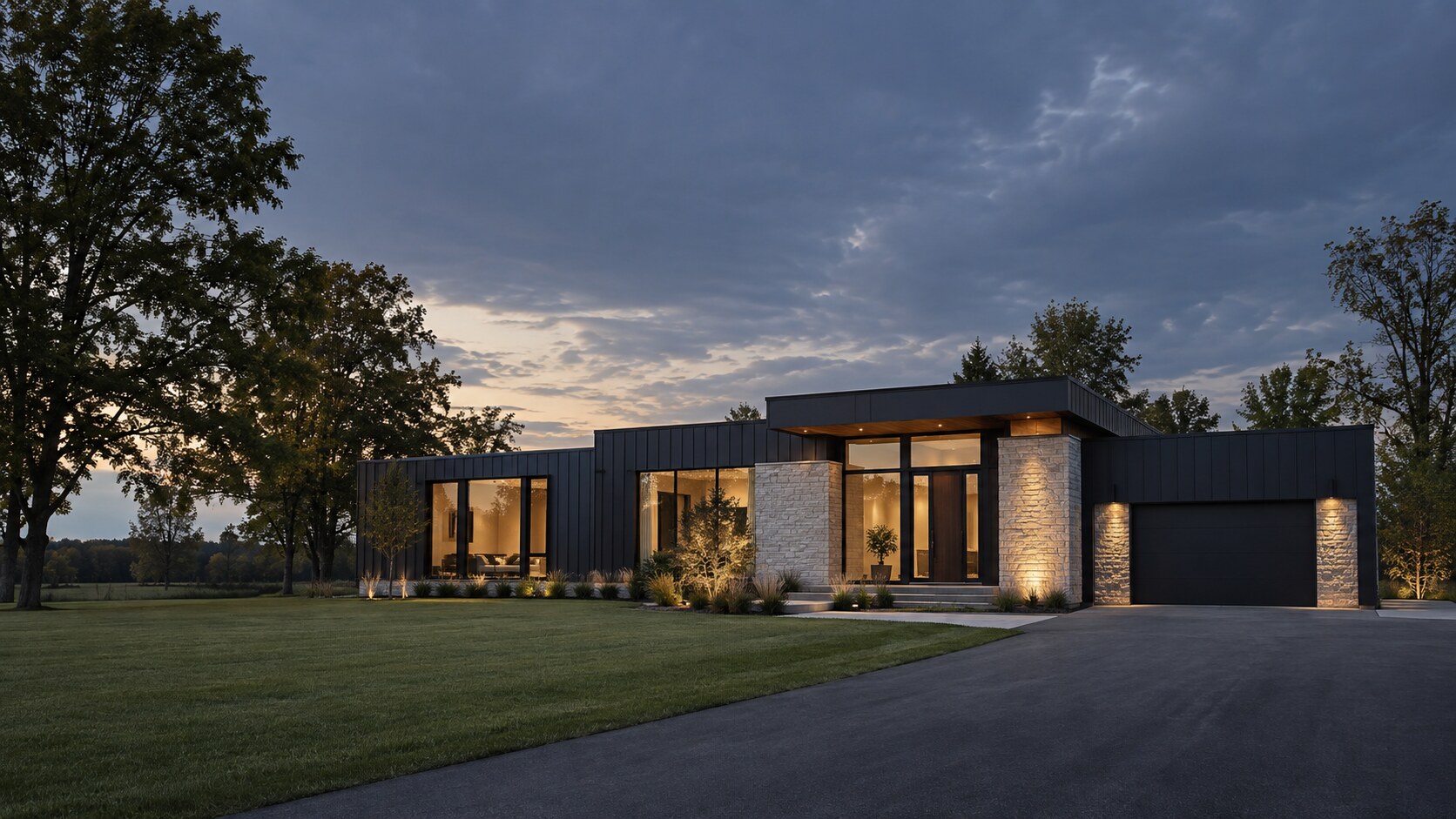 Illustrative modern Ontario home with charcoal cladding, limestone and warm windows